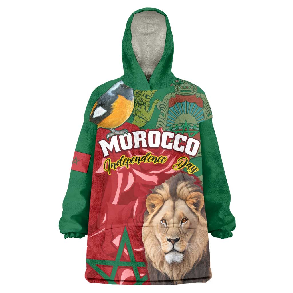 Morocco Independence Day Wearable Blanket Hoodie with Barbary Lion and Moussier's Redstart LT01