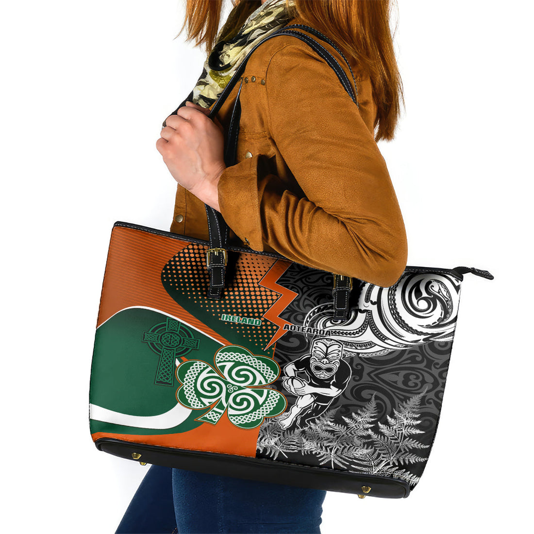 New Zealand and Ireland Rugby Leather Tote Bag Silver Fern With Shamrock 2023 World Cup LT01