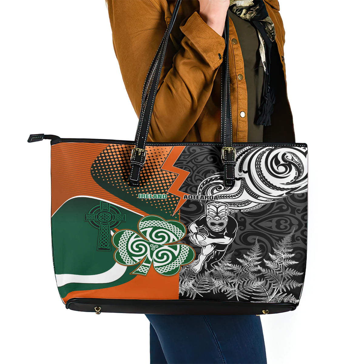 New Zealand and Ireland Rugby Leather Tote Bag Silver Fern With Shamrock 2023 World Cup LT01