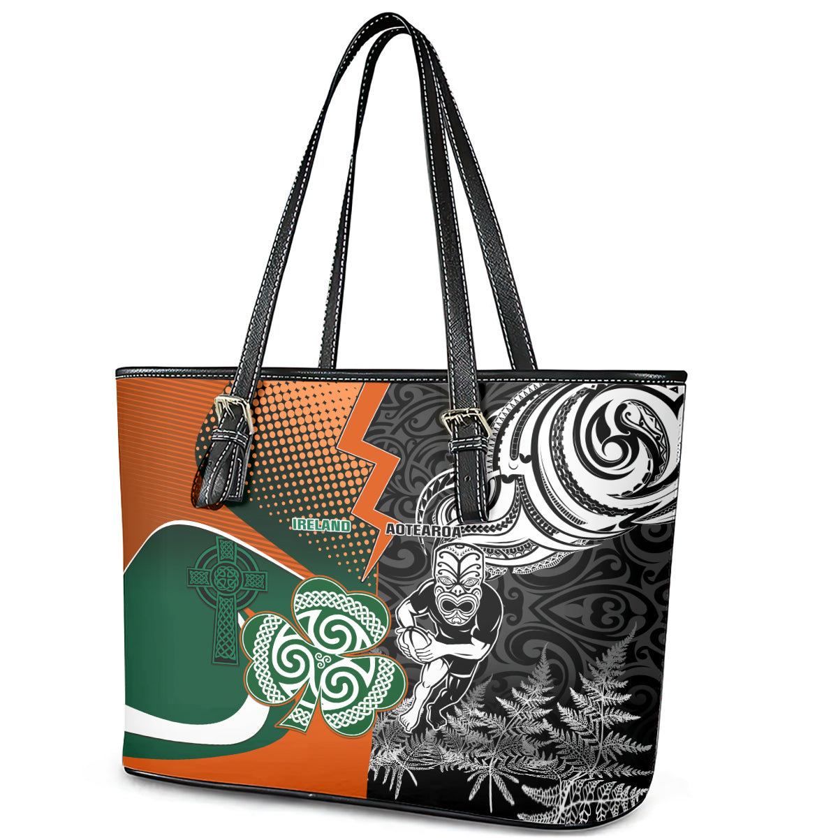 New Zealand and Ireland Rugby Leather Tote Bag Silver Fern With Shamrock 2023 World Cup LT01