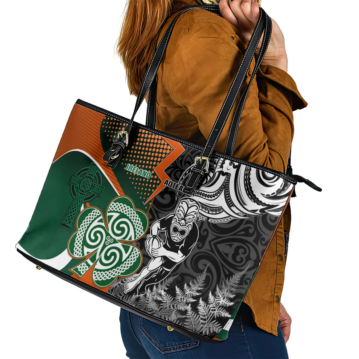New Zealand and Ireland Rugby Leather Tote Bag Silver Fern With Shamrock 2023 World Cup LT01
