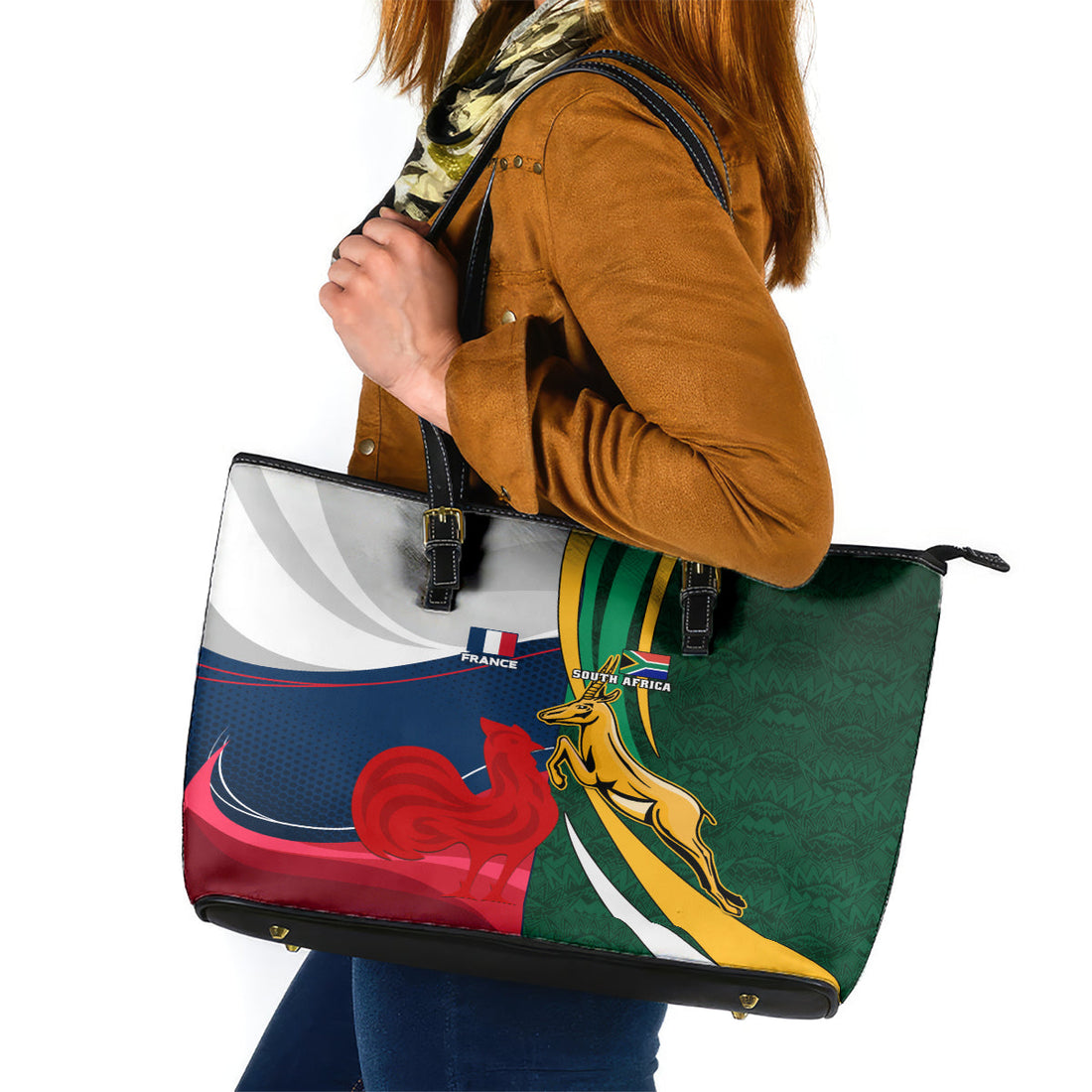 South Africa and France Rugby Leather Tote Bag Springbok With Le XV de France 2023 World Cup LT01