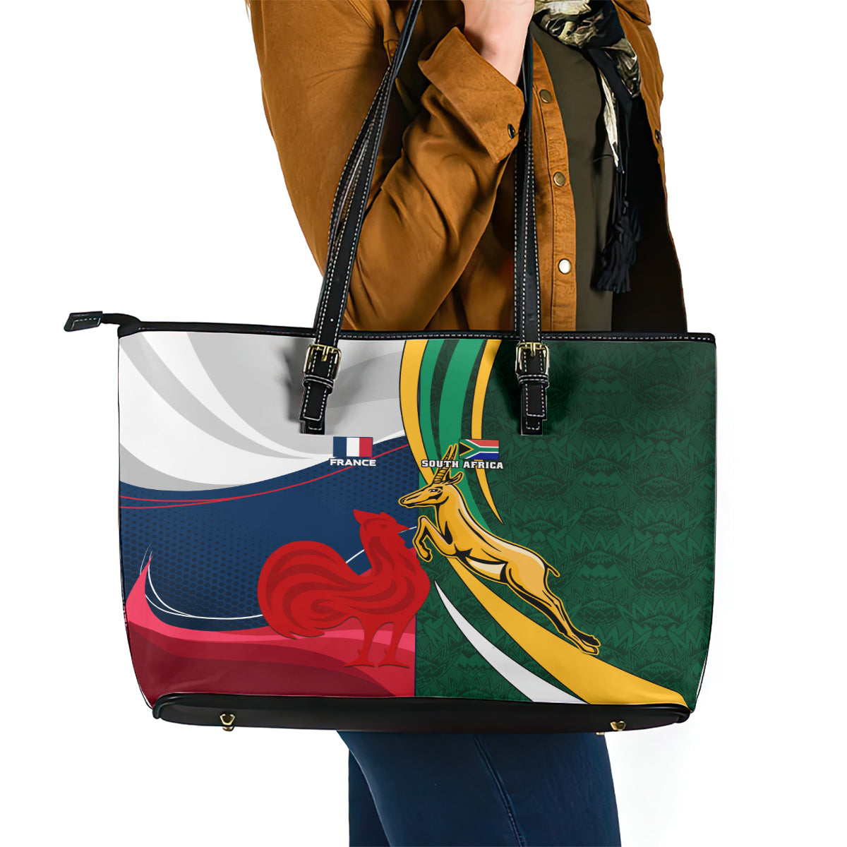 South Africa and France Rugby Leather Tote Bag Springbok With Le XV de France 2023 World Cup LT01