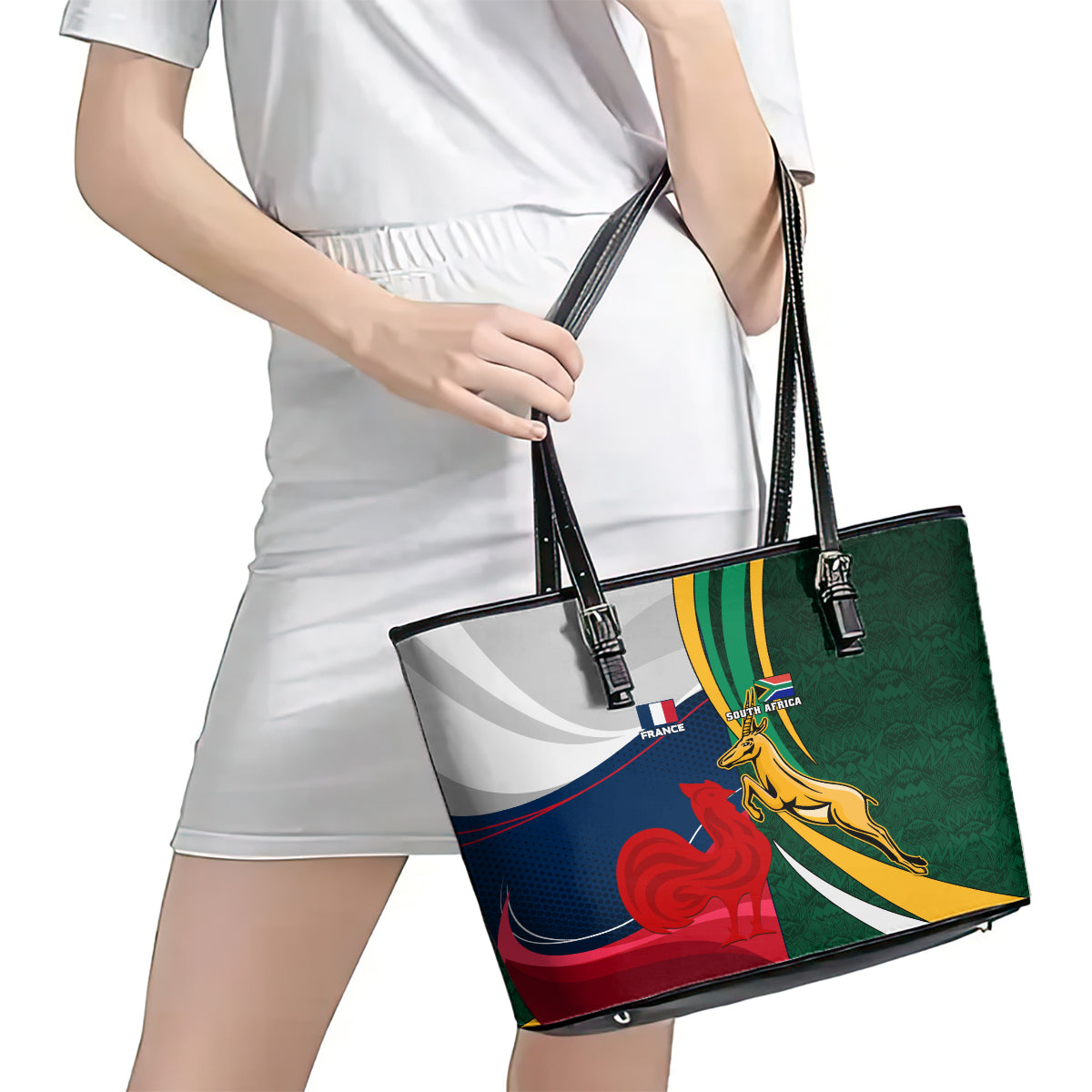 South Africa and France Rugby Leather Tote Bag Springbok With Le XV de France 2023 World Cup LT01