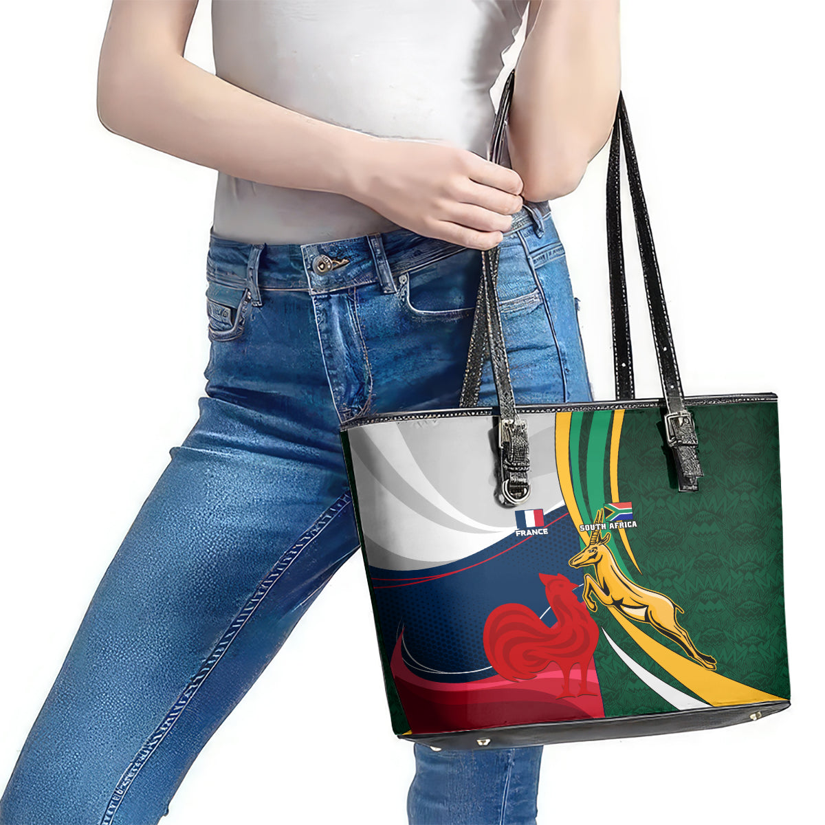 South Africa and France Rugby Leather Tote Bag Springbok With Le XV de France 2023 World Cup LT01