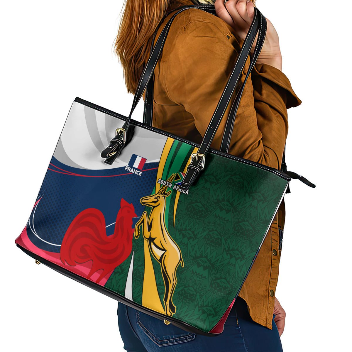 South Africa and France Rugby Leather Tote Bag Springbok With Le XV de France 2023 World Cup LT01