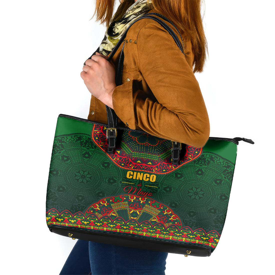 Cinco de Mayo 2024 Leather Tote Bag Mexican Folk Pattern LT01