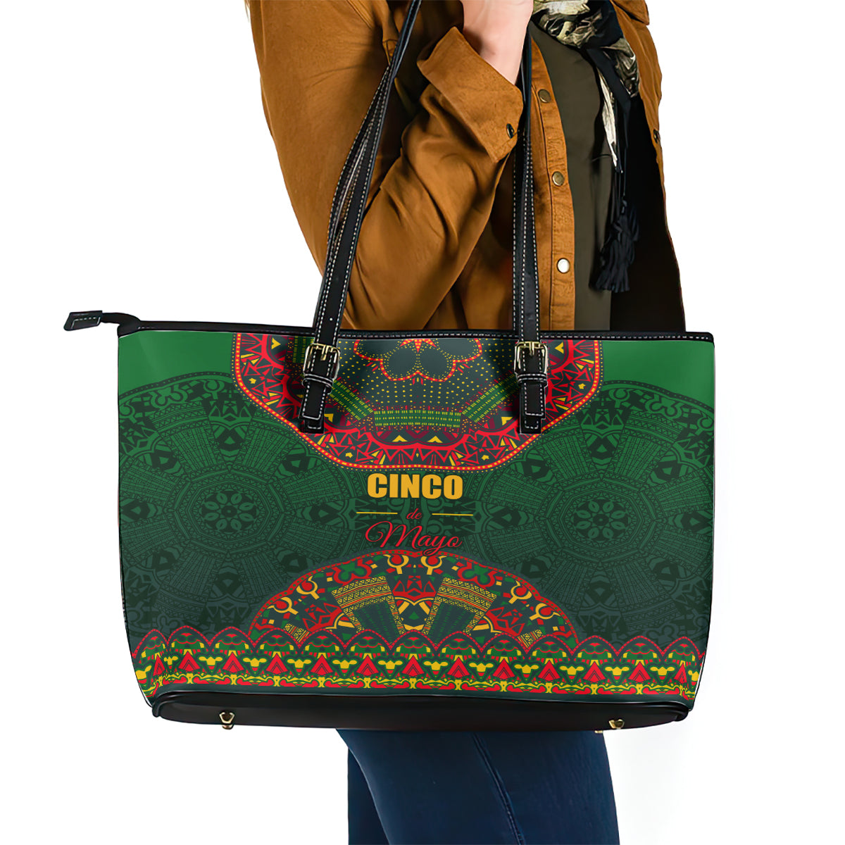 Cinco de Mayo 2024 Leather Tote Bag Mexican Folk Pattern LT01