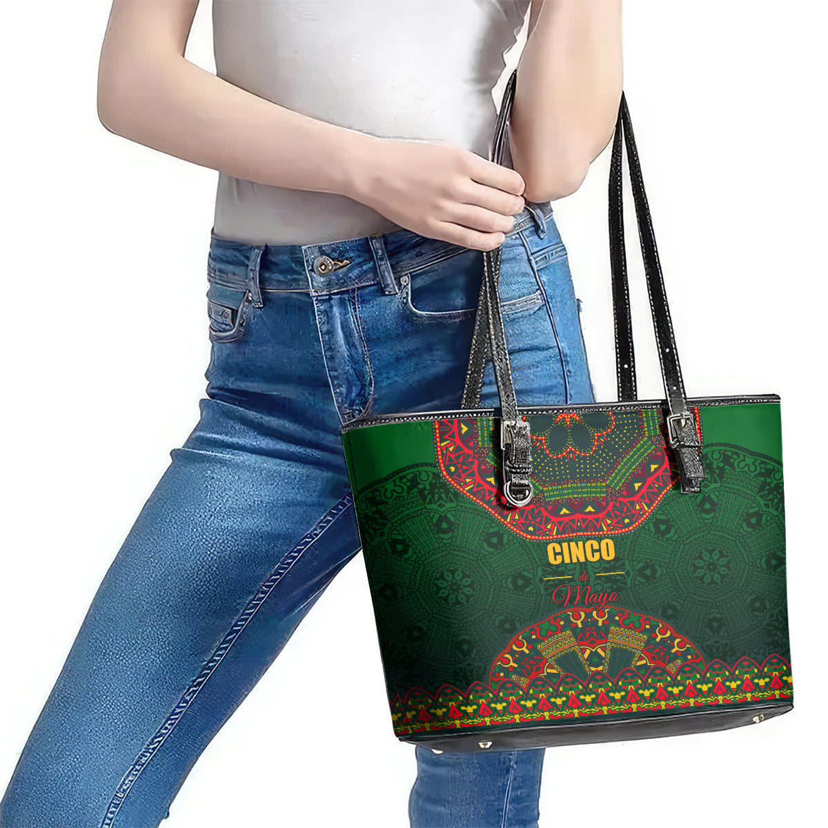 Cinco de Mayo 2024 Leather Tote Bag Mexican Folk Pattern LT01