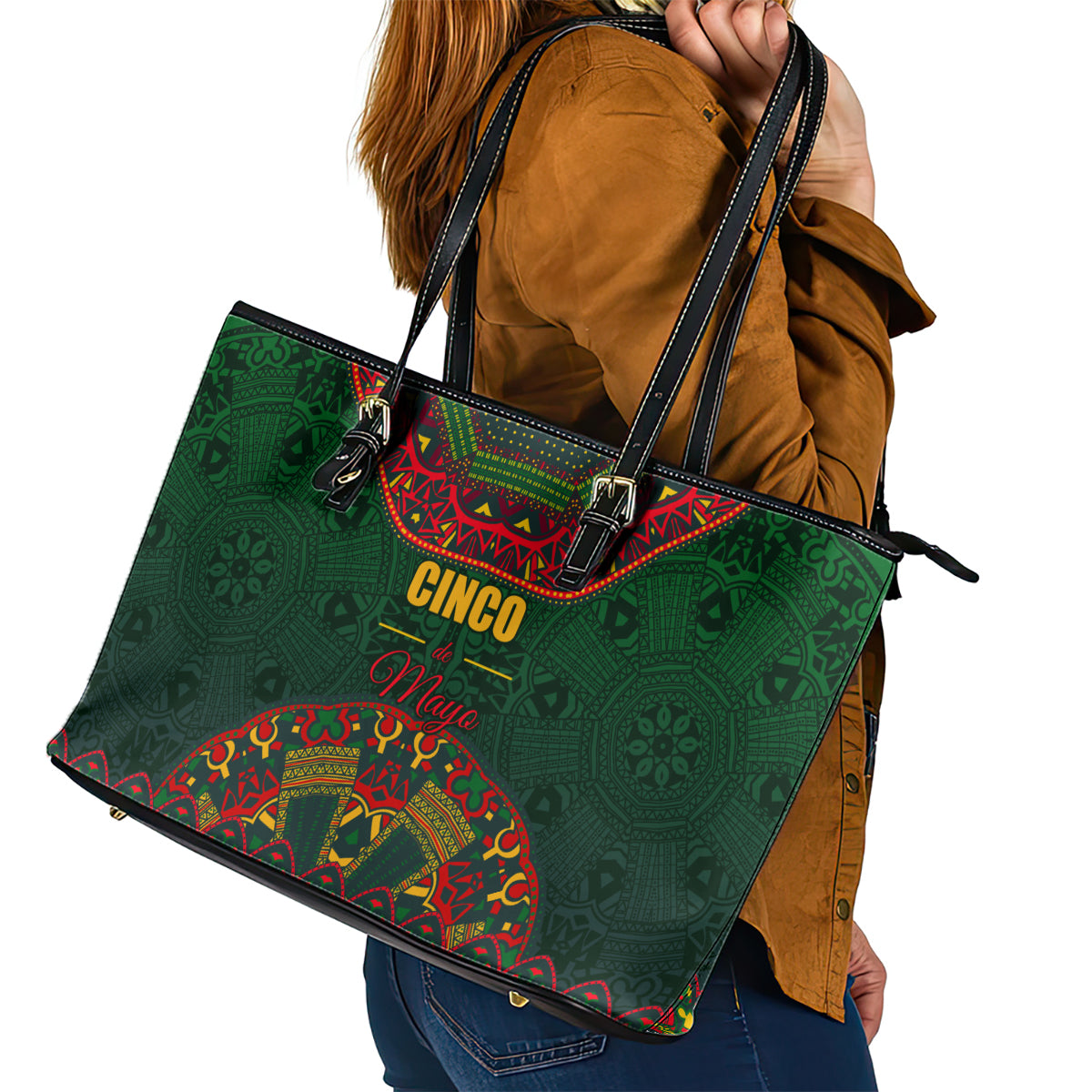 Cinco de Mayo 2024 Leather Tote Bag Mexican Folk Pattern LT01