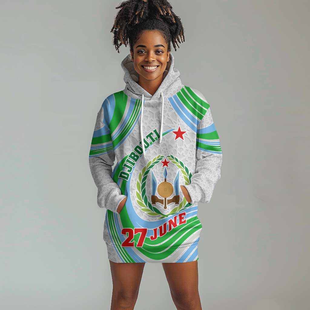 Custom Djibouti Independence Day Hoodie Dress - June 27, Jabuuti Emblem with Islamic Pattern LT01