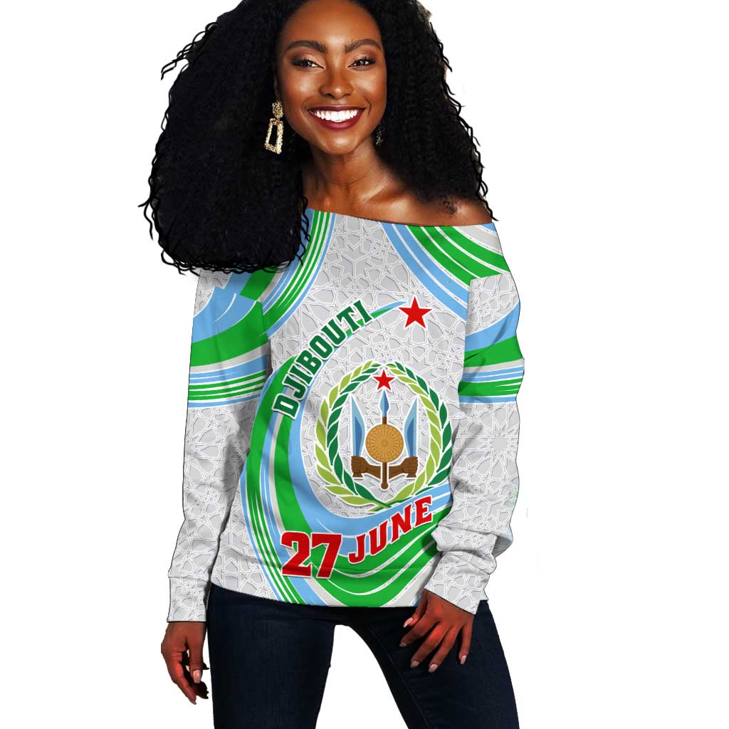 Custom Djibouti Independence Day Off Shoulder Sweater - June 27, Jabuuti Emblem with Islamic Pattern LT01