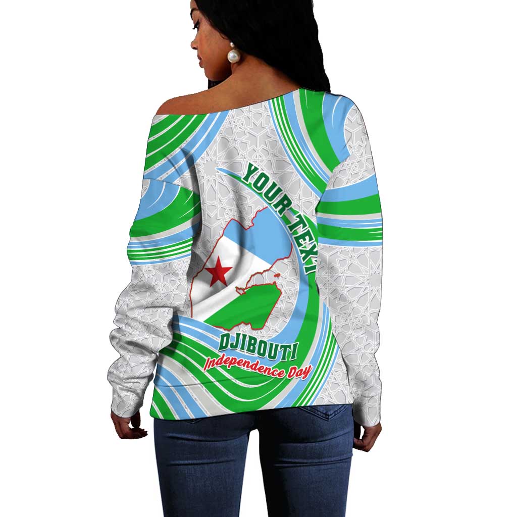 Custom Djibouti Independence Day Off Shoulder Sweater - June 27, Jabuuti Emblem with Islamic Pattern LT01
