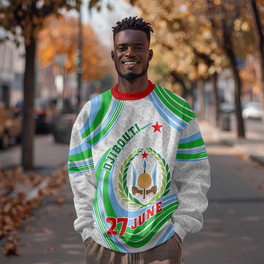 Custom Djibouti Independence Day Sweatshirt - June 27, Jabuuti Emblem with Islamic Pattern LT01