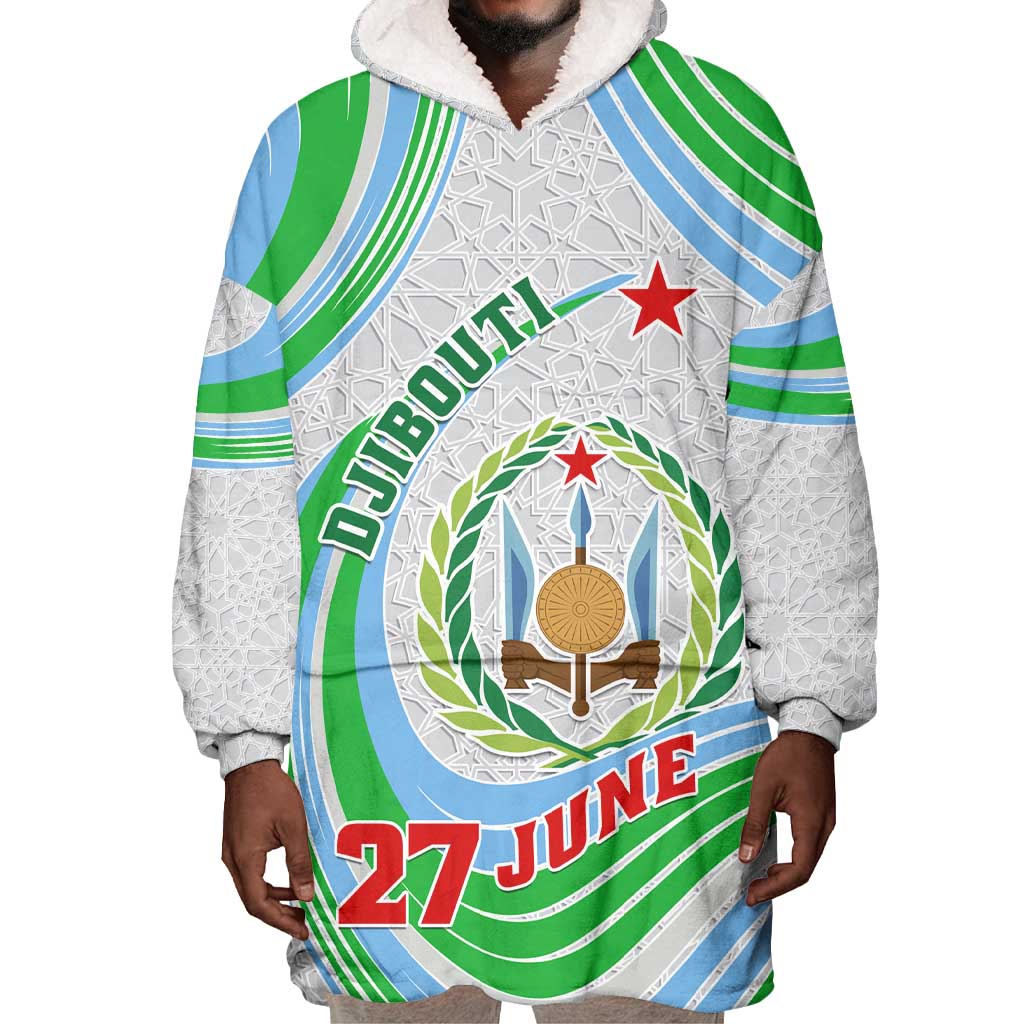 Custom Djibouti Independence Day Wearable Blanket Hoodie - June 27, Jabuuti Emblem with Islamic Pattern LT01