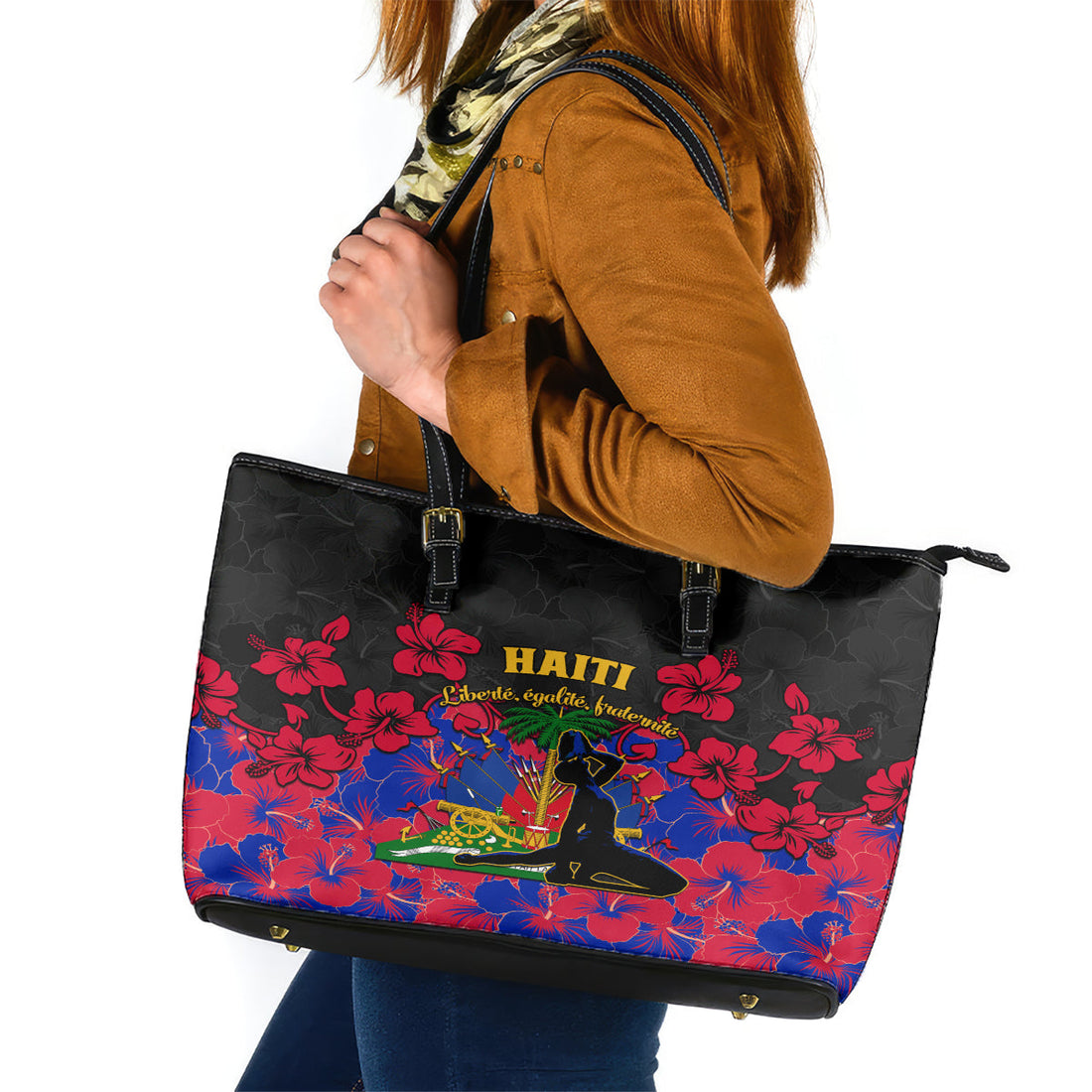 Haiti Independence Day Leather Tote Bag Hibiscus Neg Marron LT01