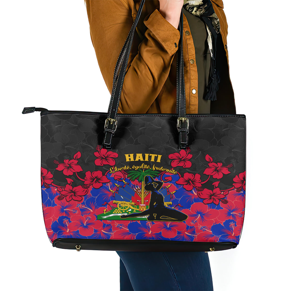 Haiti Independence Day Leather Tote Bag Hibiscus Neg Marron LT01