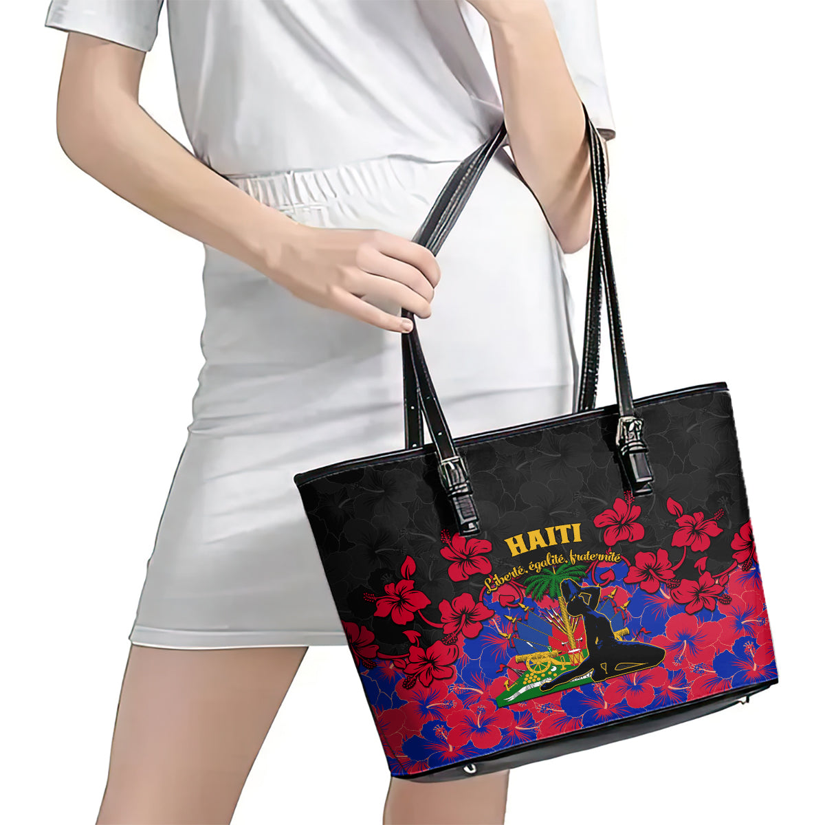Haiti Independence Day Leather Tote Bag Hibiscus Neg Marron LT01