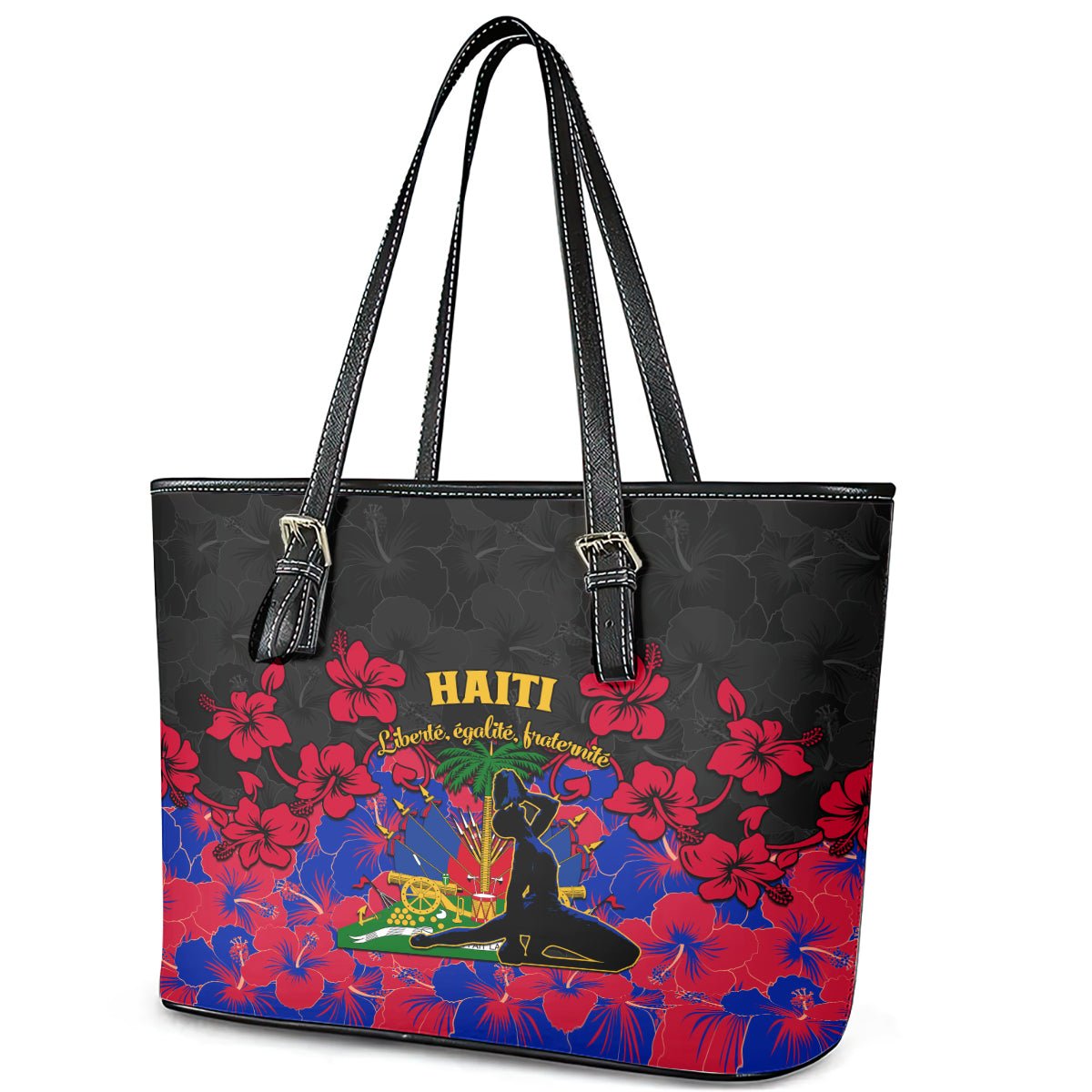 Haiti Independence Day Leather Tote Bag Hibiscus Neg Marron LT01