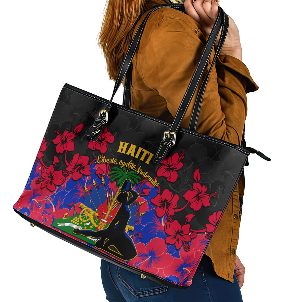 Haiti Independence Day Leather Tote Bag Hibiscus Neg Marron LT01