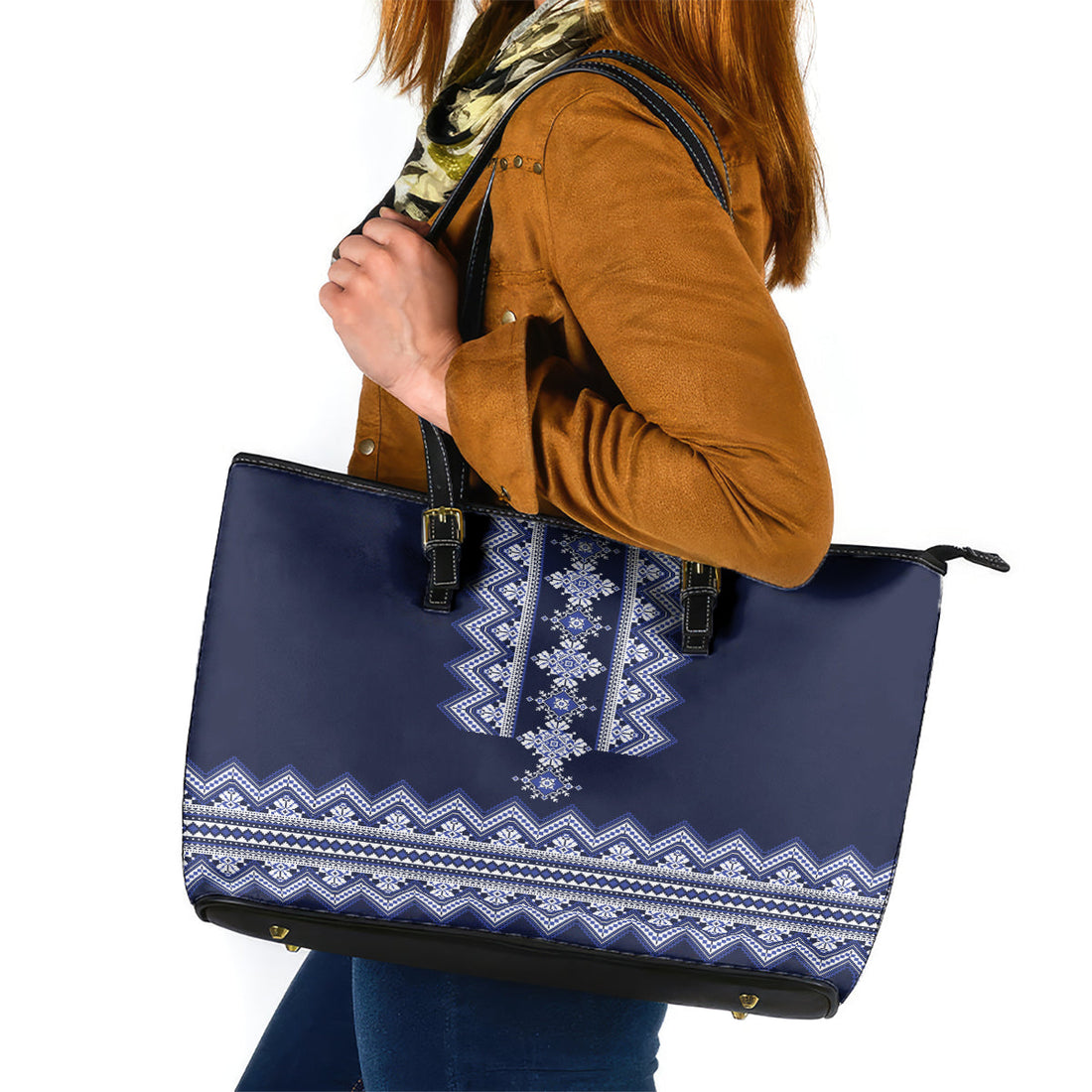 Ukraine Folk Pattern Leather Tote Bag Ukrainian Navy Blue Version LT01