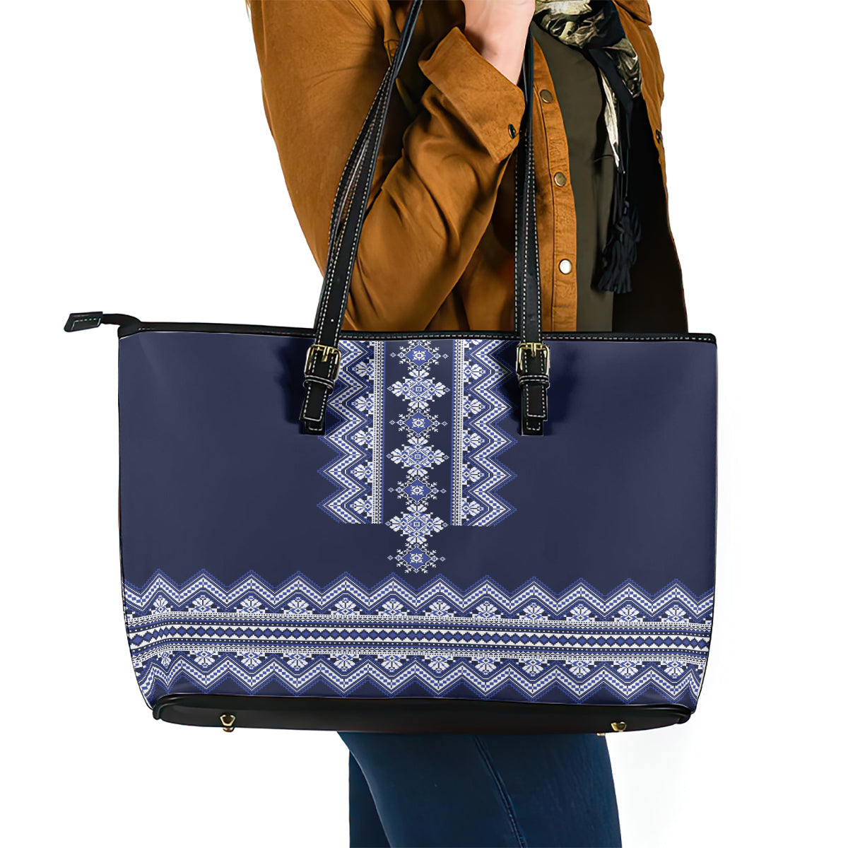 Ukraine Folk Pattern Leather Tote Bag Ukrainian Navy Blue Version LT01
