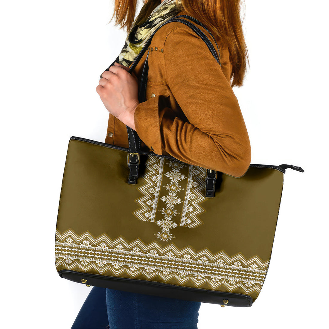 Ukraine Folk Pattern Leather Tote Bag Ukrainian Wood Brown Version LT01