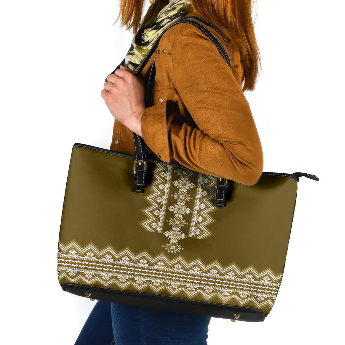Ukraine Folk Pattern Leather Tote Bag Ukrainian Wood Brown Version LT01