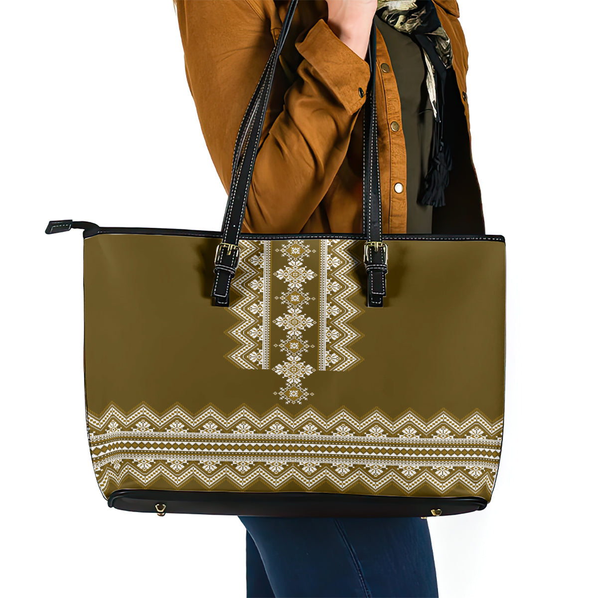 Ukraine Folk Pattern Leather Tote Bag Ukrainian Wood Brown Version LT01