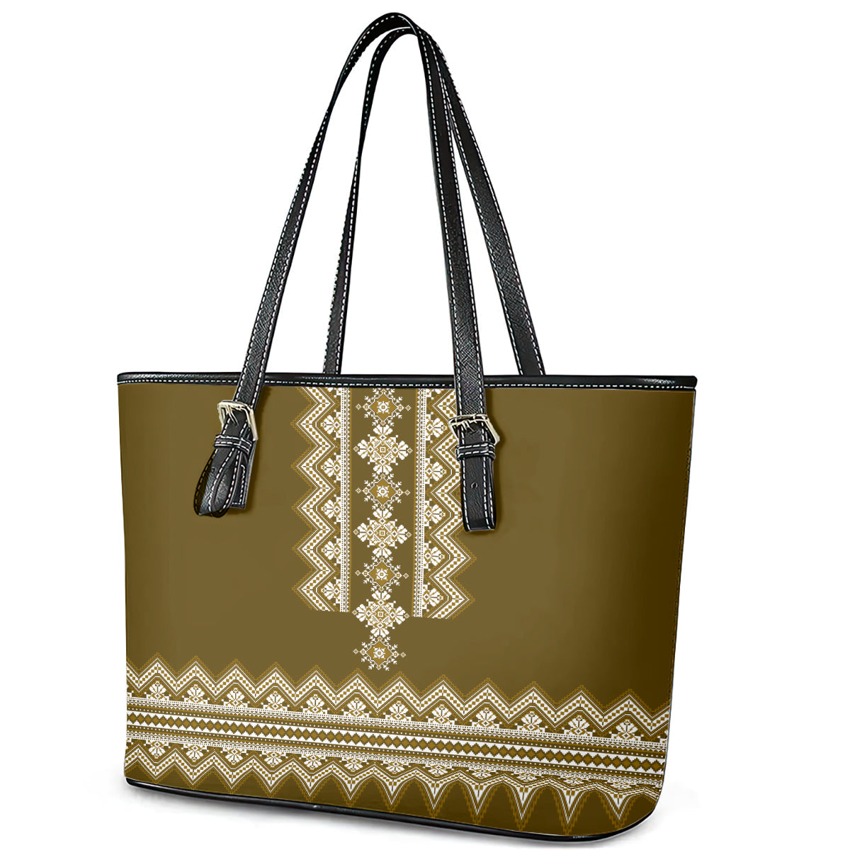 Ukraine Folk Pattern Leather Tote Bag Ukrainian Wood Brown Version LT01