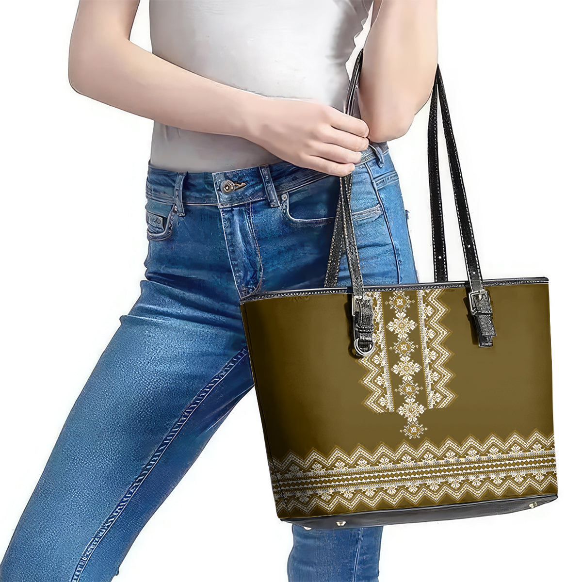 Ukraine Folk Pattern Leather Tote Bag Ukrainian Wood Brown Version LT01