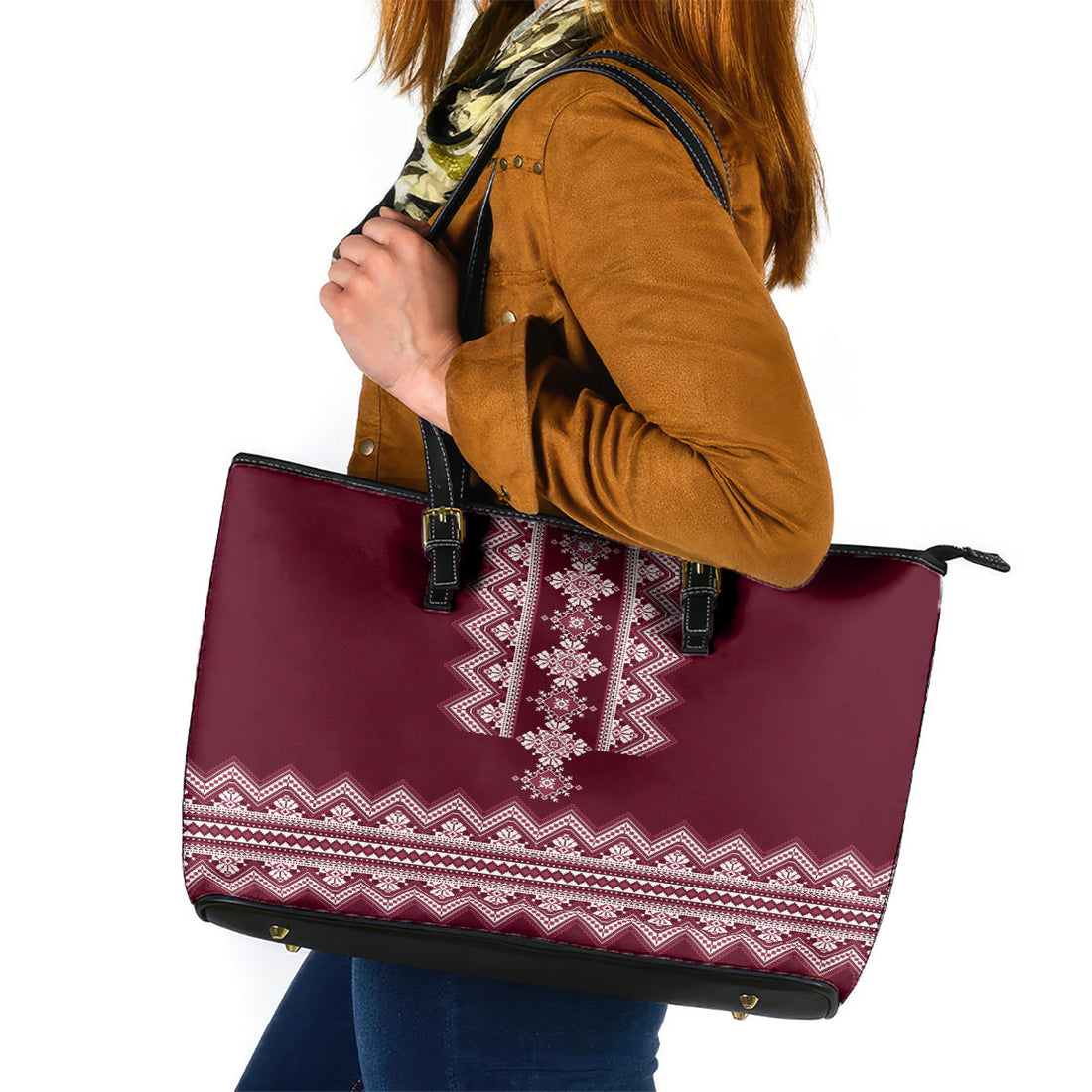 Ukraine Folk Pattern Leather Tote Bag Ukrainian Wine Red Version LT01