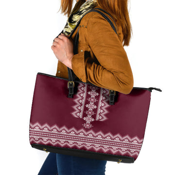 Ukraine Folk Pattern Leather Tote Bag Ukrainian Wine Red Version LT01