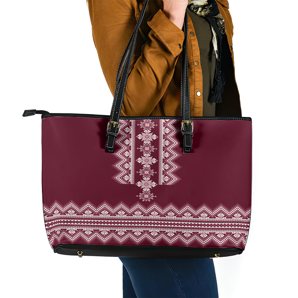Ukraine Folk Pattern Leather Tote Bag Ukrainian Wine Red Version LT01