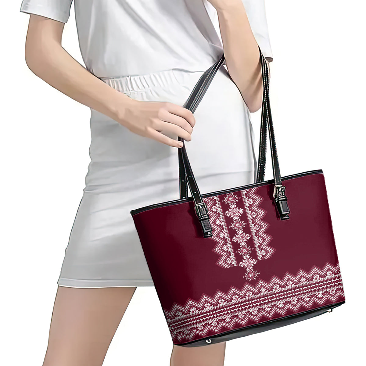 Ukraine Folk Pattern Leather Tote Bag Ukrainian Wine Red Version LT01