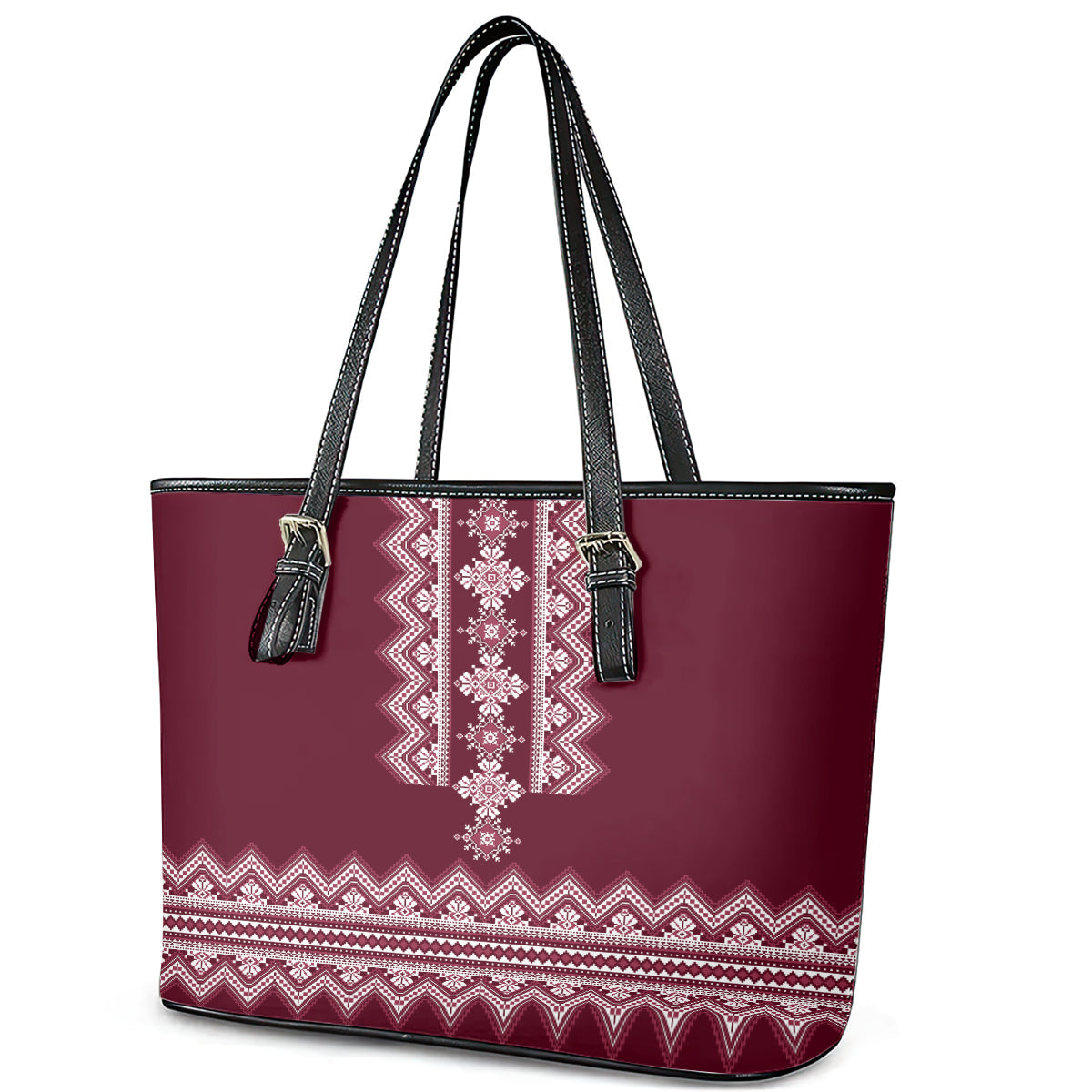 Ukraine Folk Pattern Leather Tote Bag Ukrainian Wine Red Version LT01