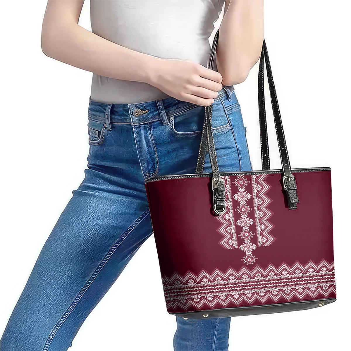 Ukraine Folk Pattern Leather Tote Bag Ukrainian Wine Red Version LT01