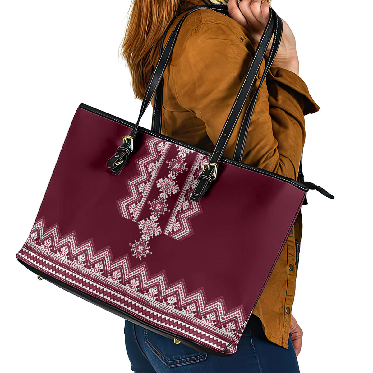 Ukraine Folk Pattern Leather Tote Bag Ukrainian Wine Red Version LT01