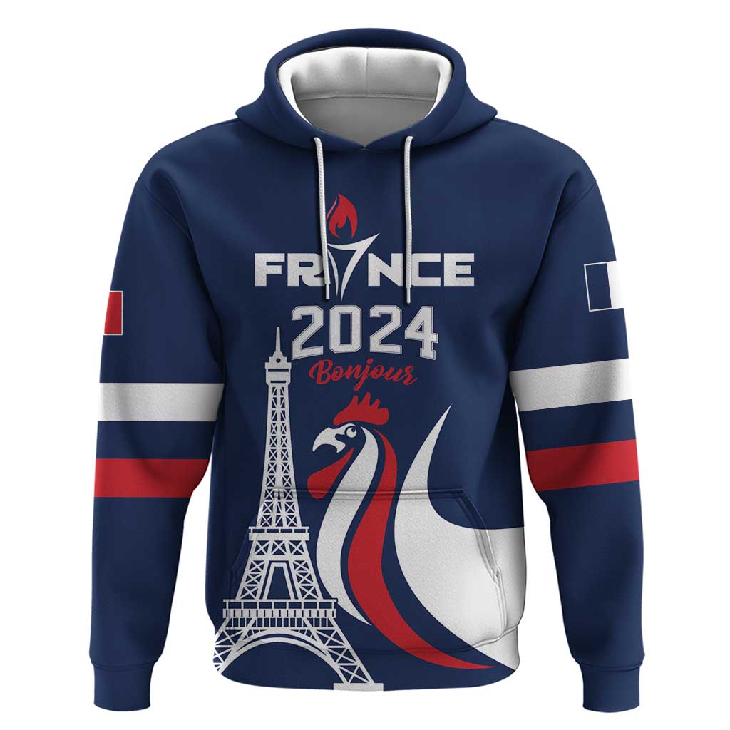 Personalized France 2024 Bonjour Hoodie Eiffel Tower Gallic Rooster LT01