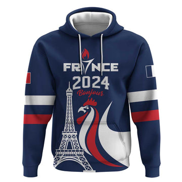 Personalized France 2024 Bonjour Hoodie Eiffel Tower Gallic Rooster LT01