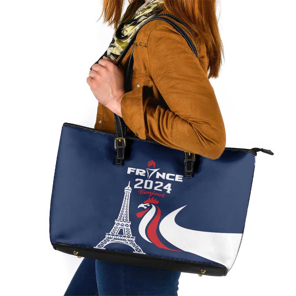 France 2024 Bonjour Leather Tote Bag Eiffel Tower Gallic Rooster LT01