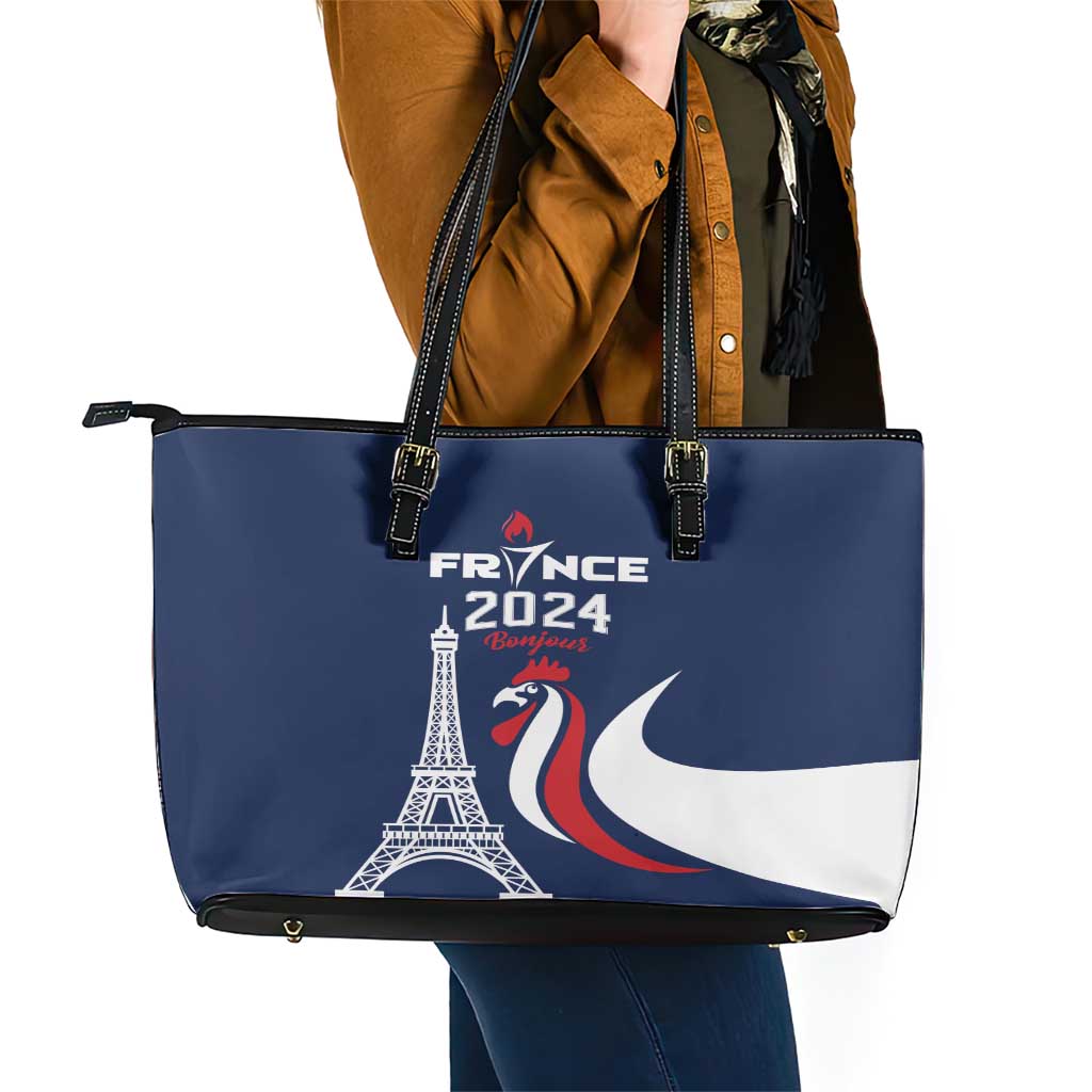 France 2024 Bonjour Leather Tote Bag Eiffel Tower Gallic Rooster LT01