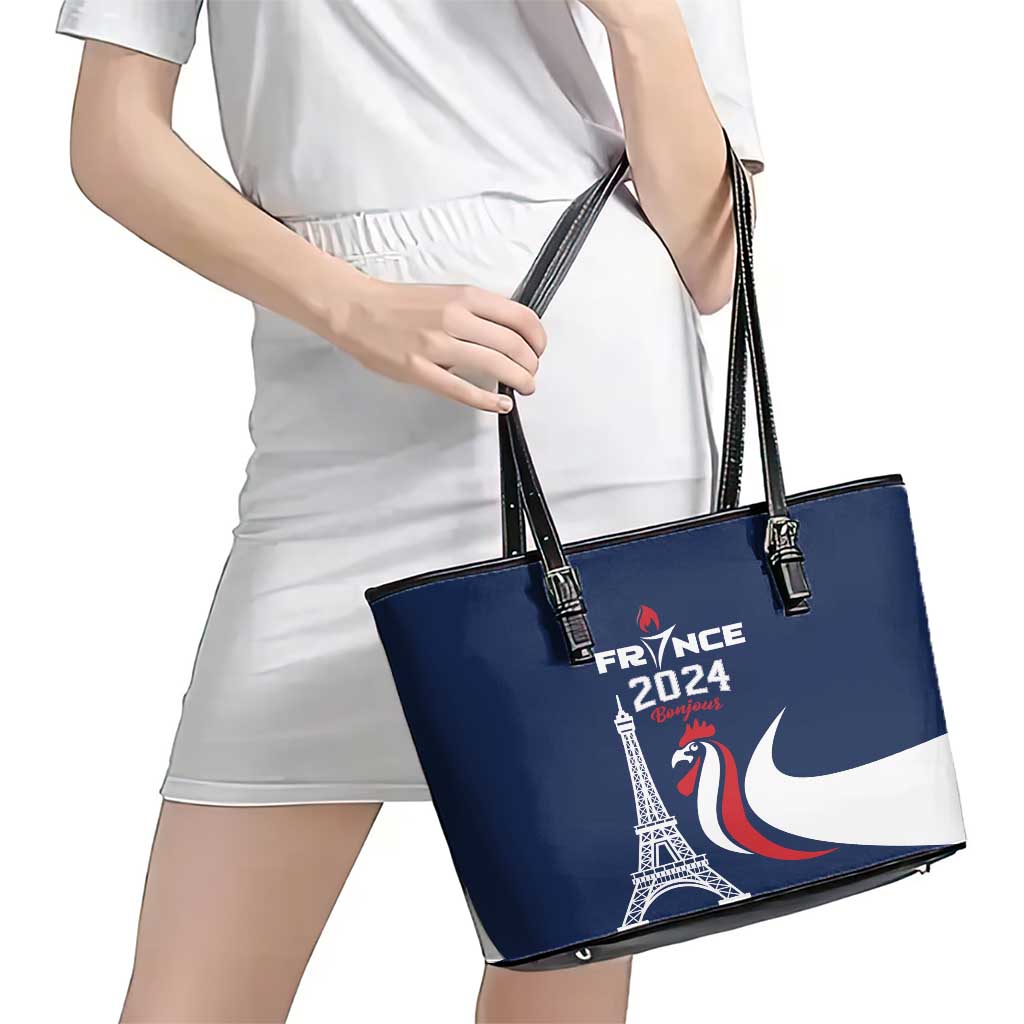 France 2024 Bonjour Leather Tote Bag Eiffel Tower Gallic Rooster LT01