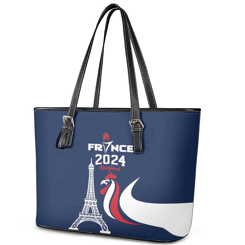 France 2024 Bonjour Leather Tote Bag Eiffel Tower Gallic Rooster LT01