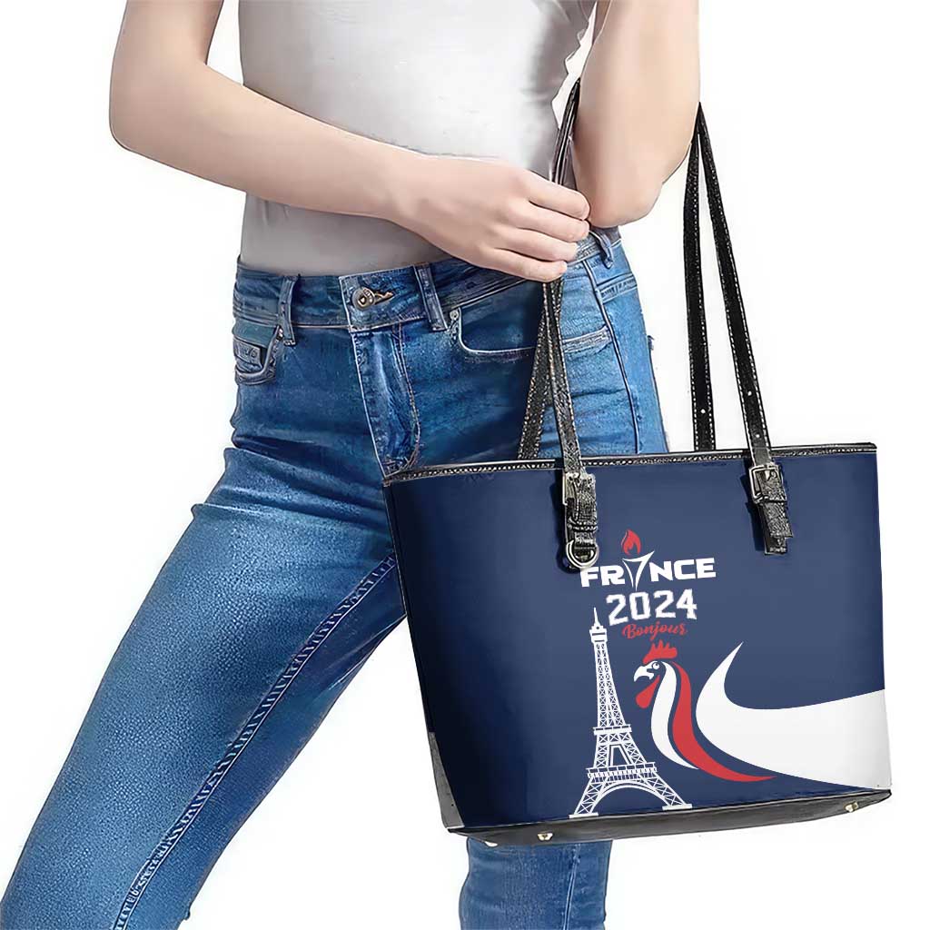 France 2024 Bonjour Leather Tote Bag Eiffel Tower Gallic Rooster LT01