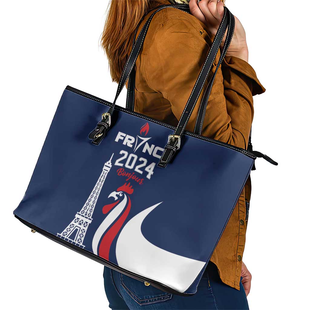 France 2024 Bonjour Leather Tote Bag Eiffel Tower Gallic Rooster LT01