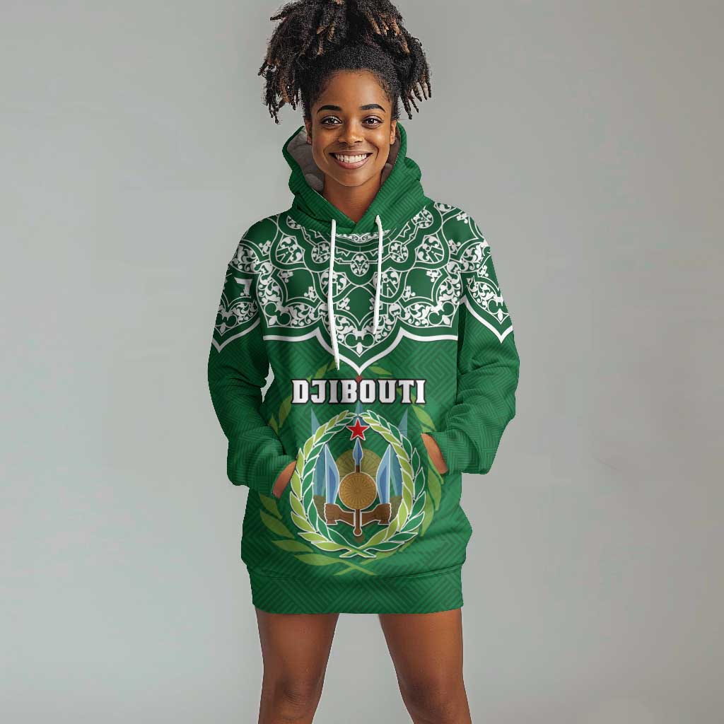 Custom Djibouti Hoodie Dress with Jabuuti Emblem and Islamic Floral Circle LT01
