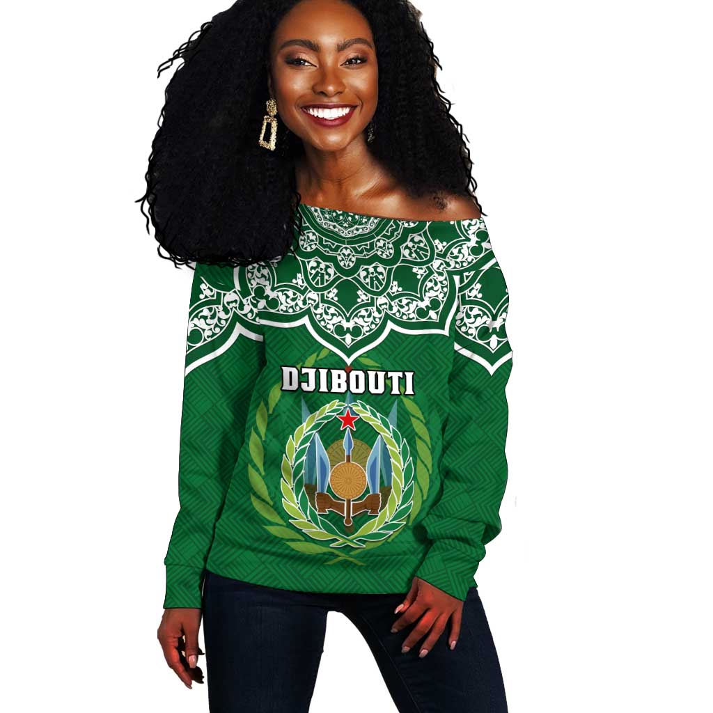 Custom Djibouti Off Shoulder Sweater with Jabuuti Emblem and Islamic Floral Circle LT01