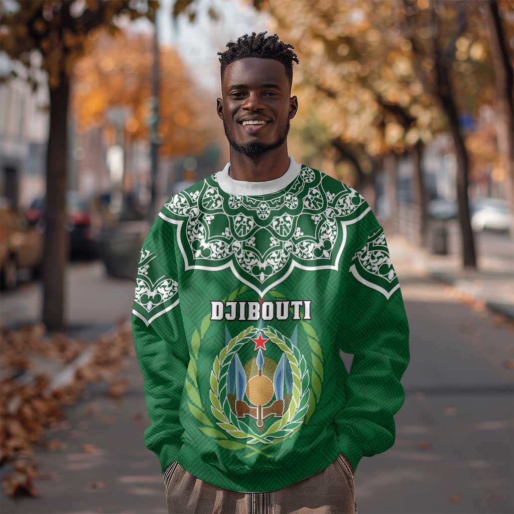 Custom Djibouti Sweatshirt with Jabuuti Emblem and Islamic Floral Circle LT01