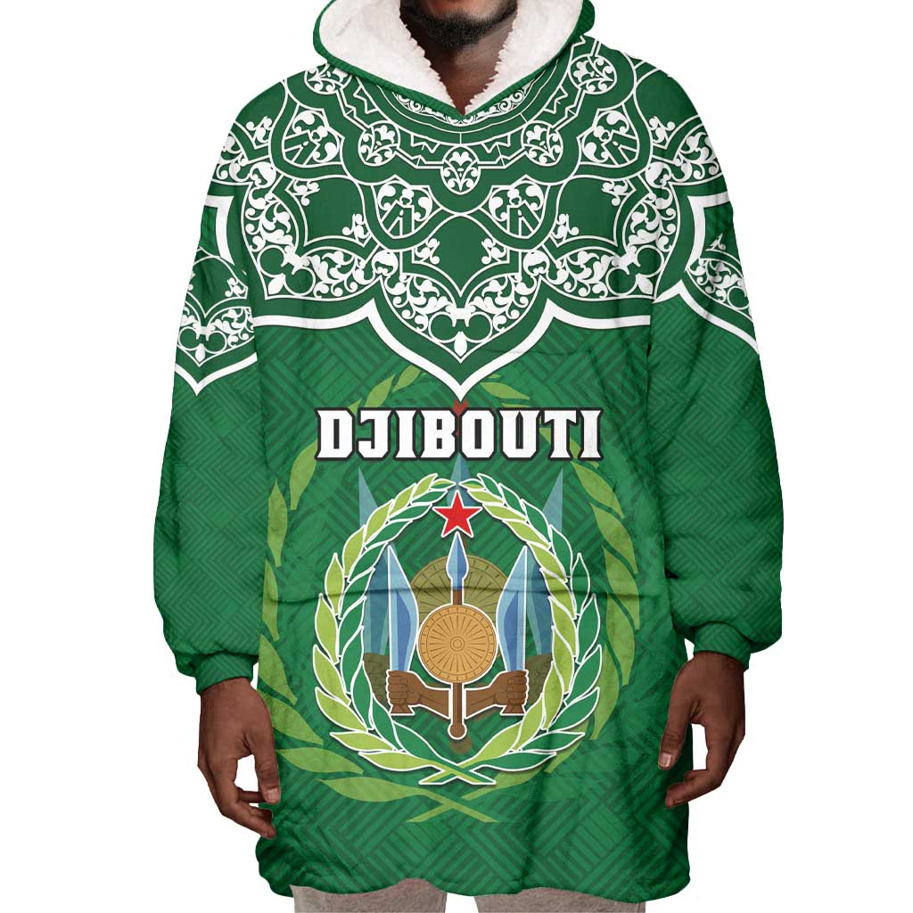 Custom Djibouti Wearable Blanket Hoodie with Jabuuti Emblem and Islamic Floral Circle LT01
